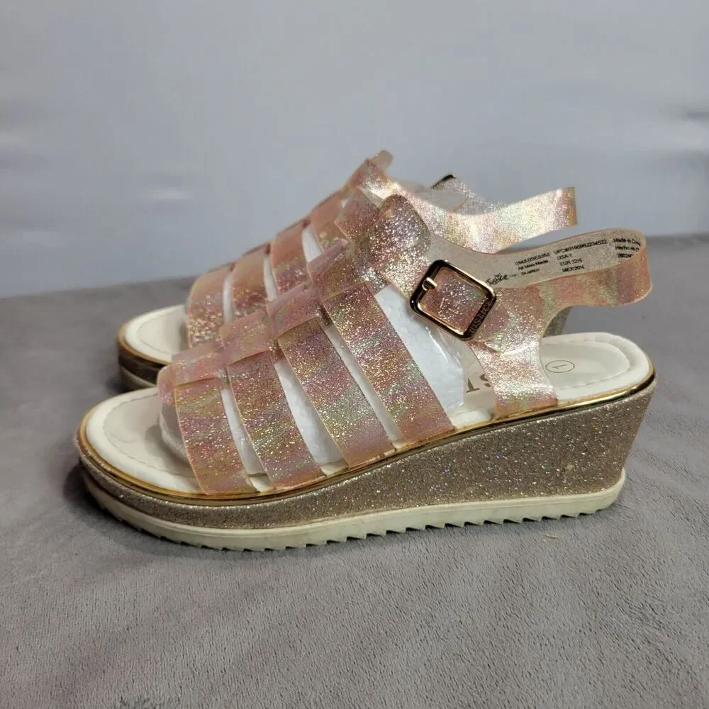 Justice Girls Size 1 Glittery Pink Wedge Sandals With Buckle Strap & Textured So
